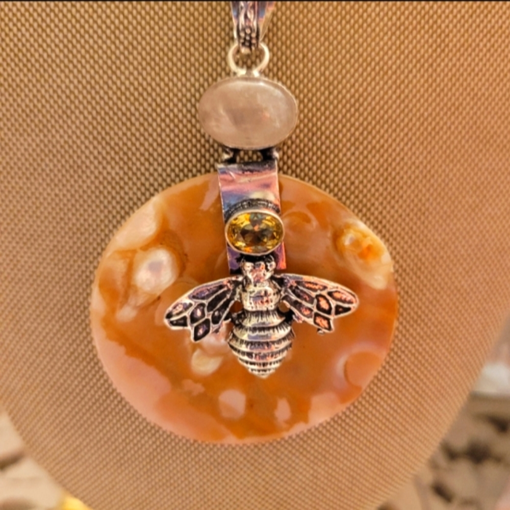 Bee Pendant Necklace with Orange Agate and Citrine Accent